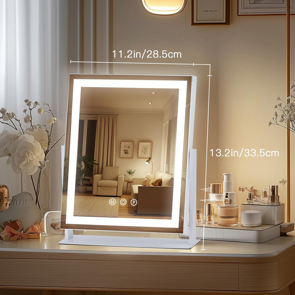 HomTang LED vanity mirror lit desk demonstrates adjustable lighting for precise makeup.