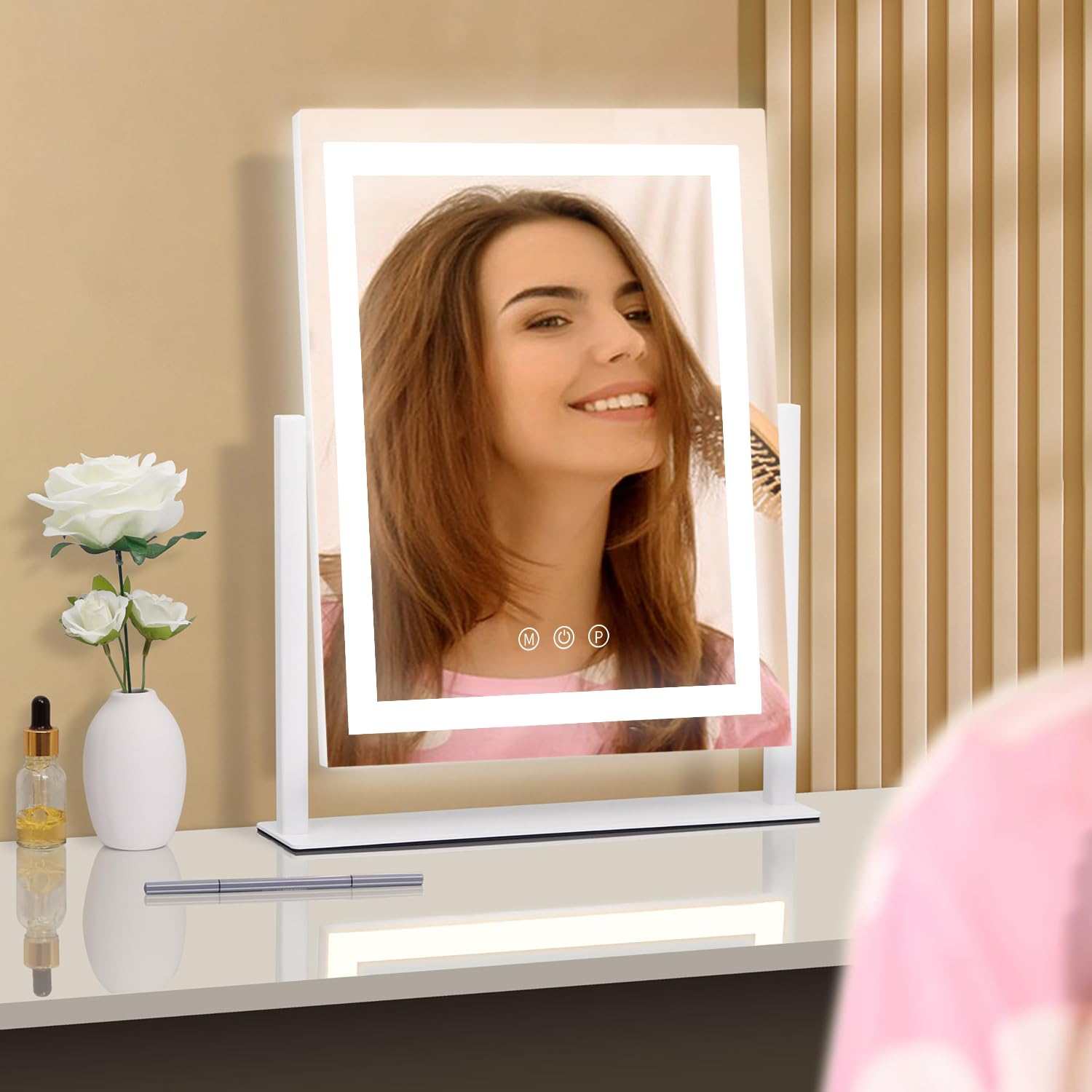 HomTang vanity mirror with sturdy base provides stable support on any surface.