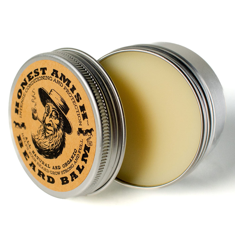 Honest Amish Balm ingredients on label highlighting natural organics.