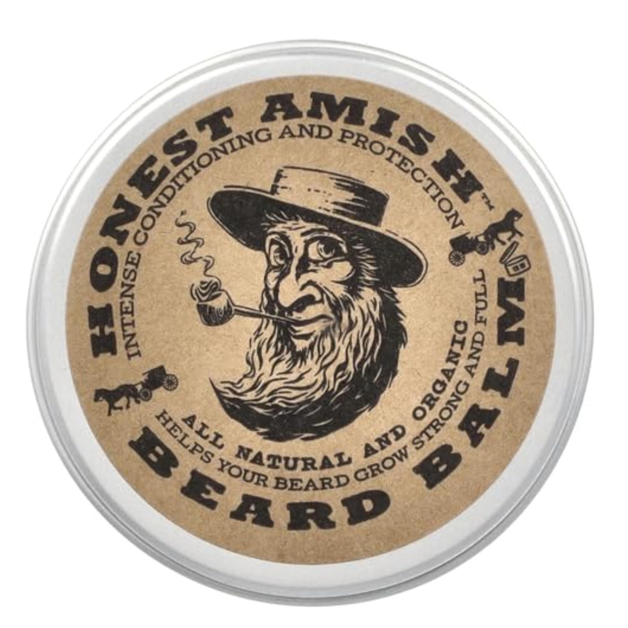 Honest Amish beard balm tin front view for smooth, manageable facial hair.