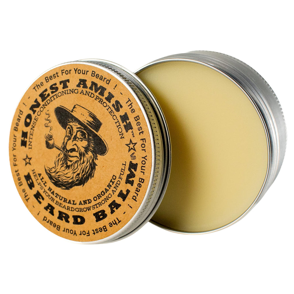 Honest Amish beard balm packaging shows travel-ready 4 oz tin for everyday beard care