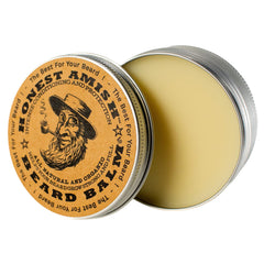 Honest Amish beard balm packaging shows travel-ready 4 oz tin for everyday beard care