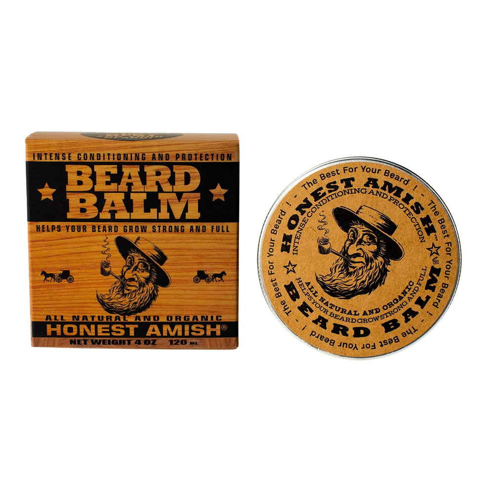 Honest Amish beard balm twist tin in use, soothing itch and conditioning skin