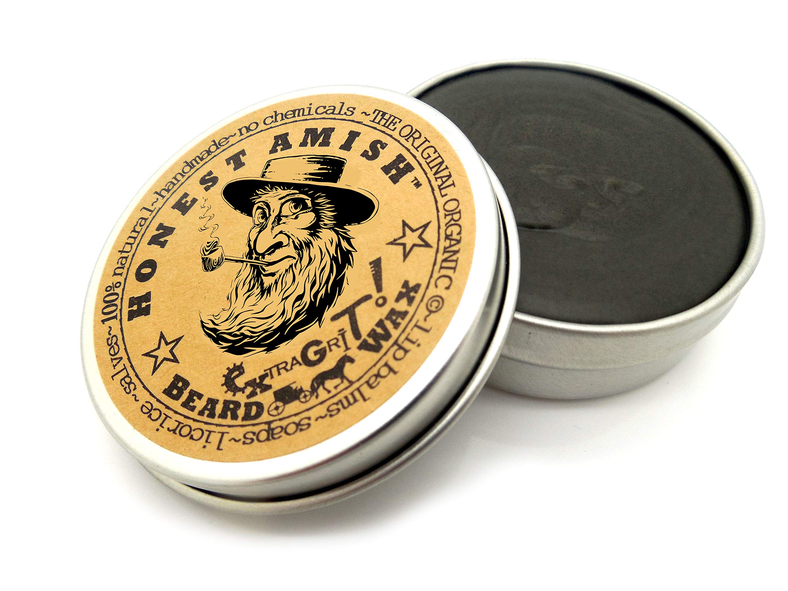 Honest Amish Extra Grit Beard Wax 2 oz tin on countertop highlighting organic ingredients.