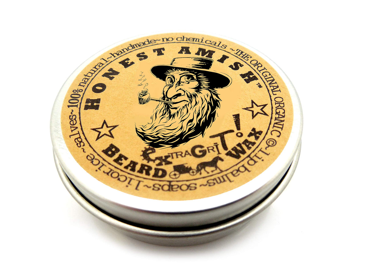 Honest Amish Extra Grit Beard Wax jar closeup shows natural texture for beard control.