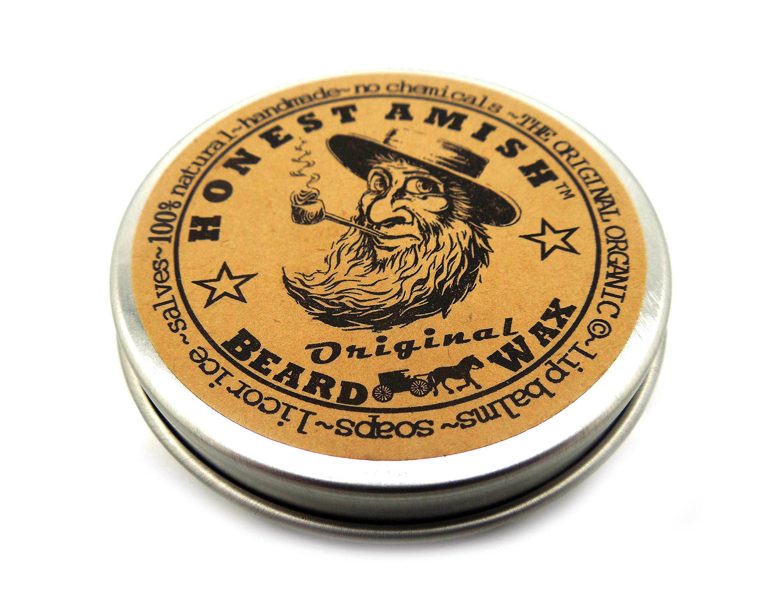 Honest Amish Original Beard Wax jar close-up shows natural conditioning for a smoother beard.