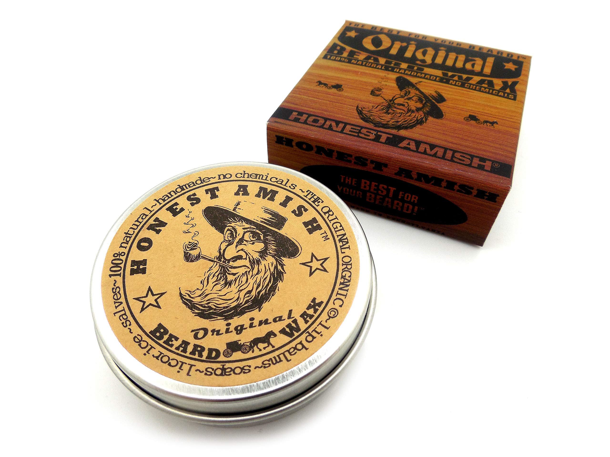 Honest Amish Original Beard Wax in hands for easy application and shaping.