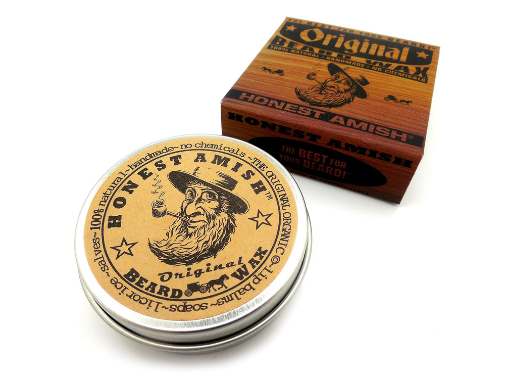 Honest Amish Original Beard Wax in hands for easy application and shaping.