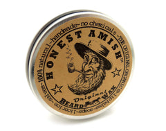 Honest Amish Original Beard Wax packaging highlights all-natural, organic formula for authentic grooming.
