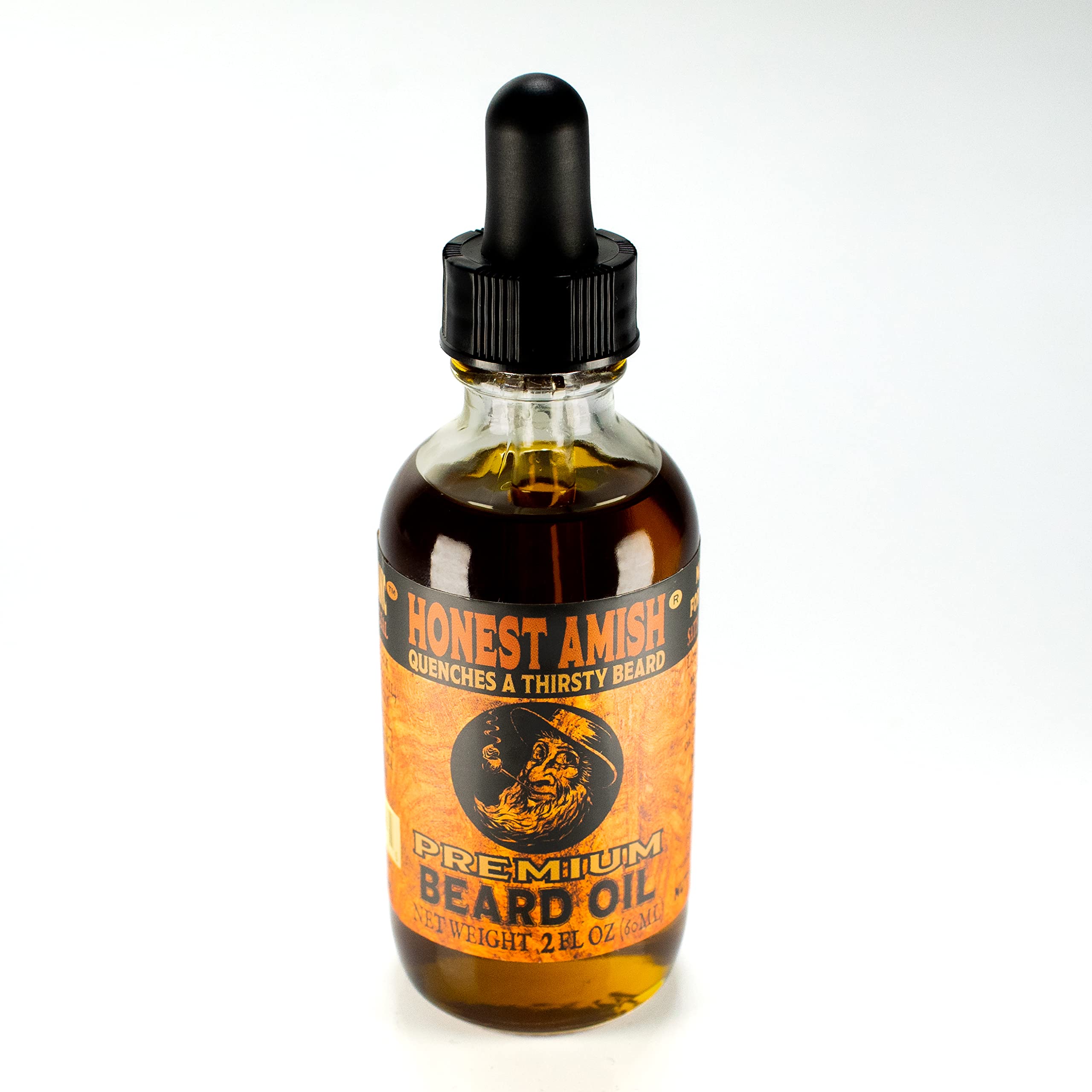 Honest Amish Premium Beard Oil 2oz pour demonstrates easy dropper application for grooming.
