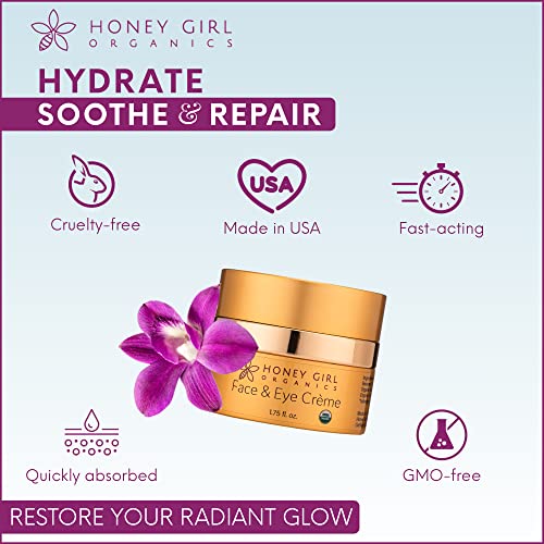 Honey Girl Organics Face & Eye Creme honey texture swirl indicates rich hydration from beehive ingredients.