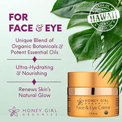Honey Girl Organics Face & Eye Creme jar closeup shows beeswax and honey for soothing moisture.