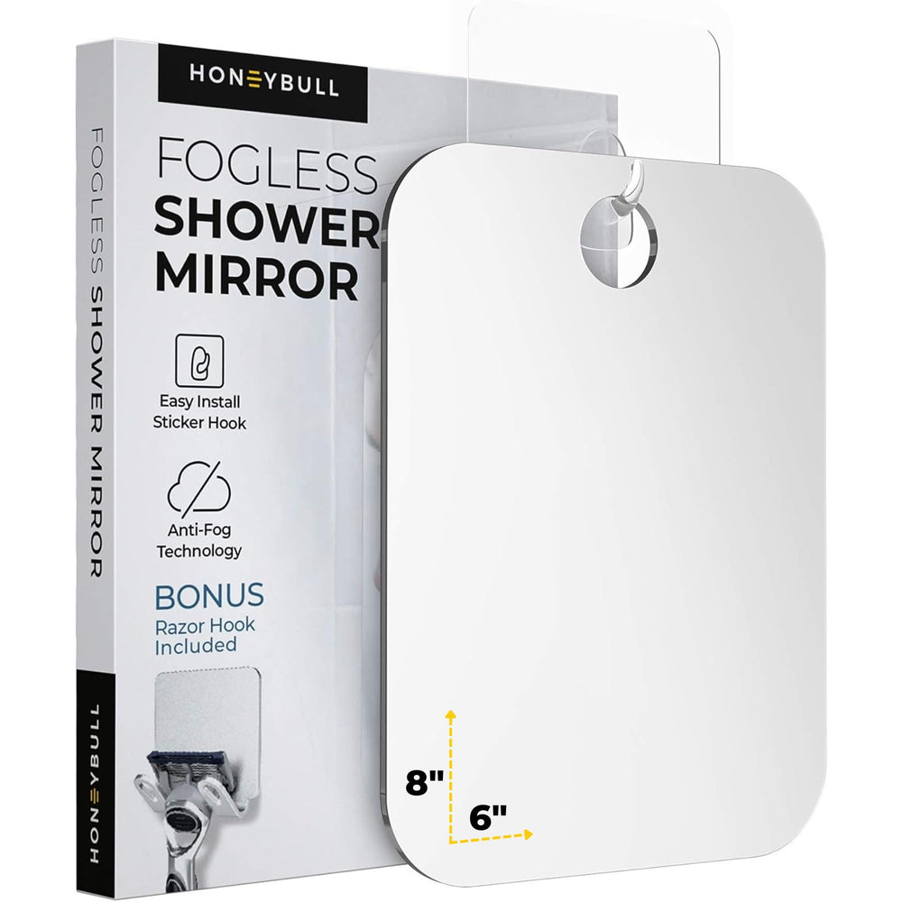 HONEYBULL fogless shower mirror anti-fog surface for clear shaving in steam showers.