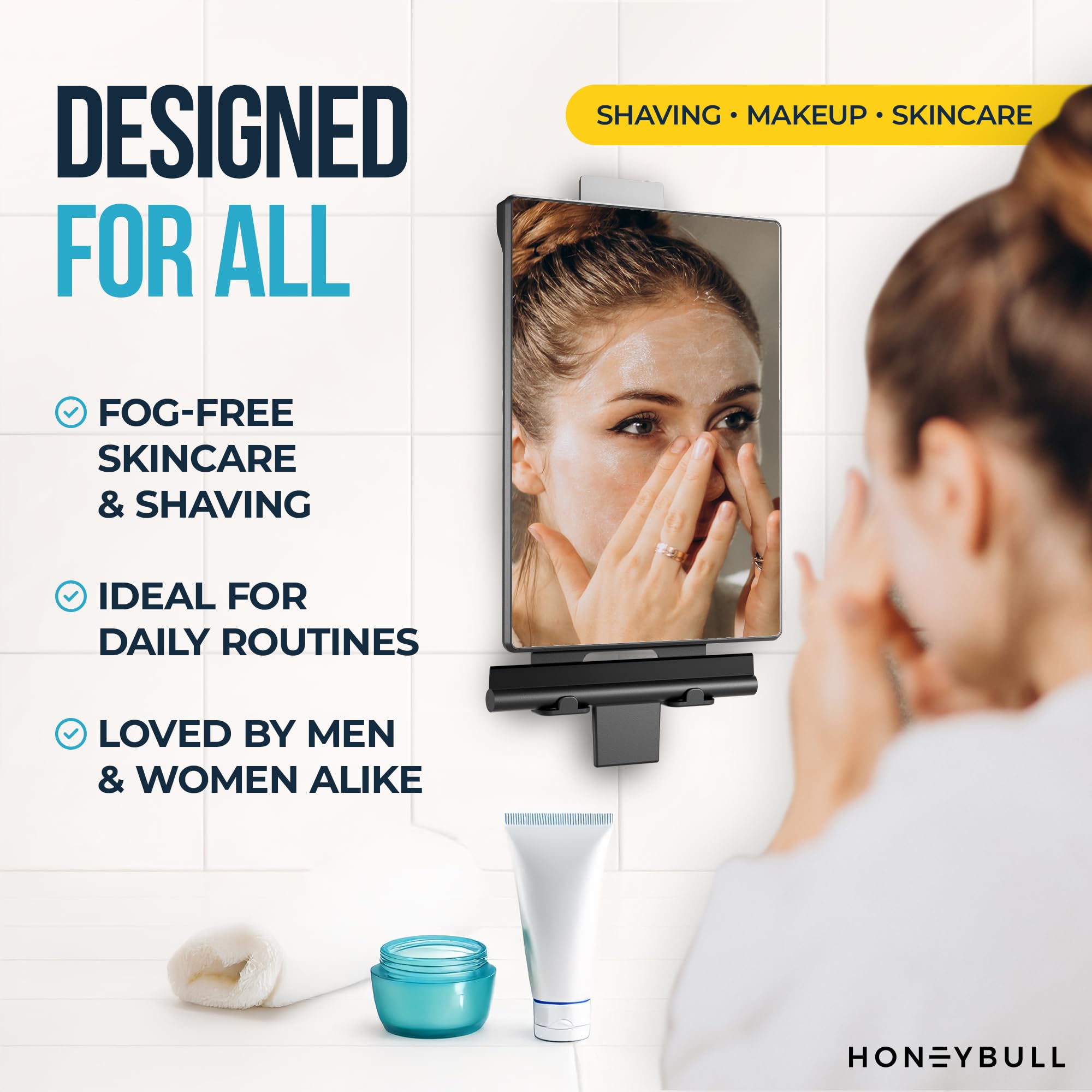 HONEYBULL no-drill-wall-mount shows quick, tool-free setup in any bathroom.
