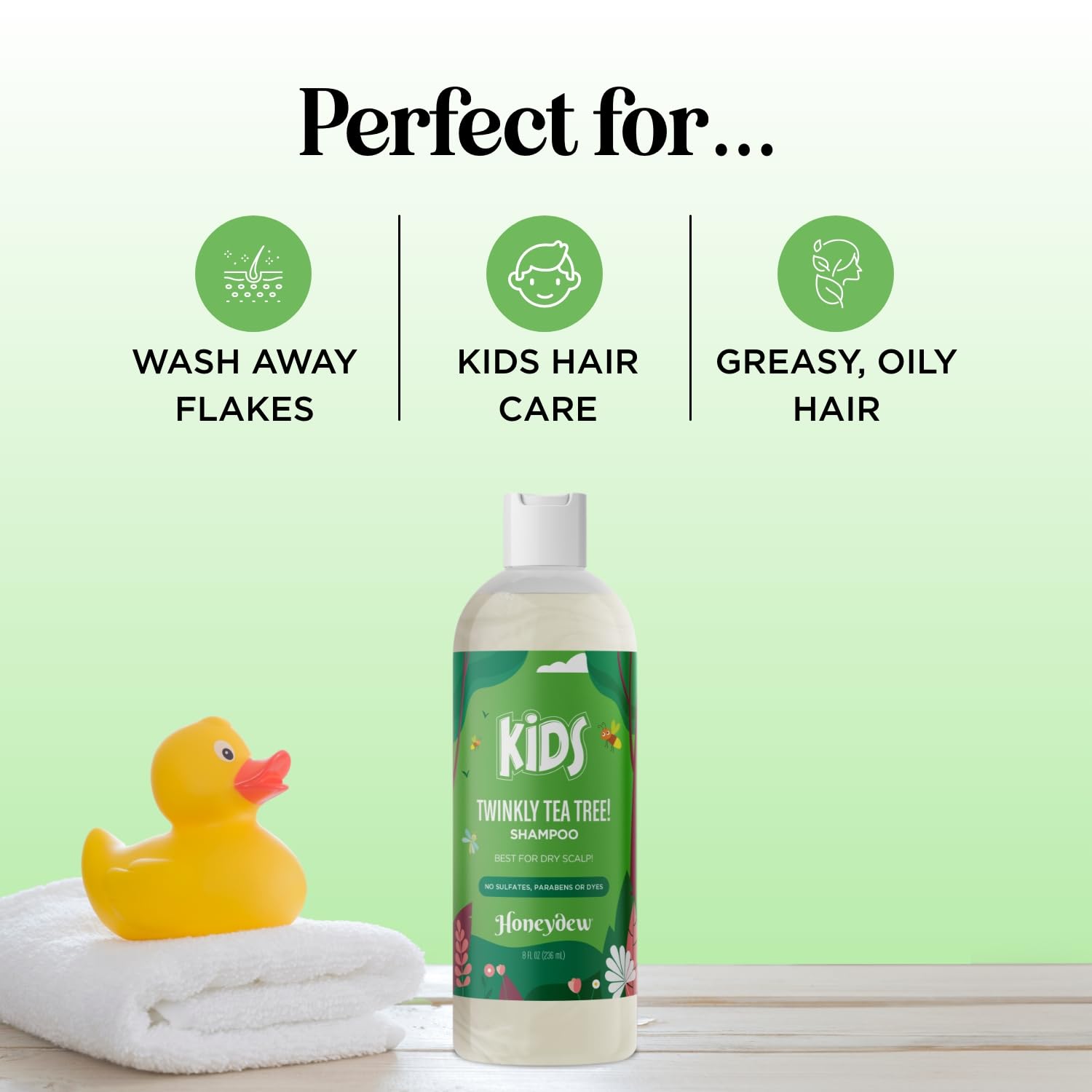 HONEYDEW cleansing kids shampoo clear bottle scene demonstrates clarifying action for scalp clarity.