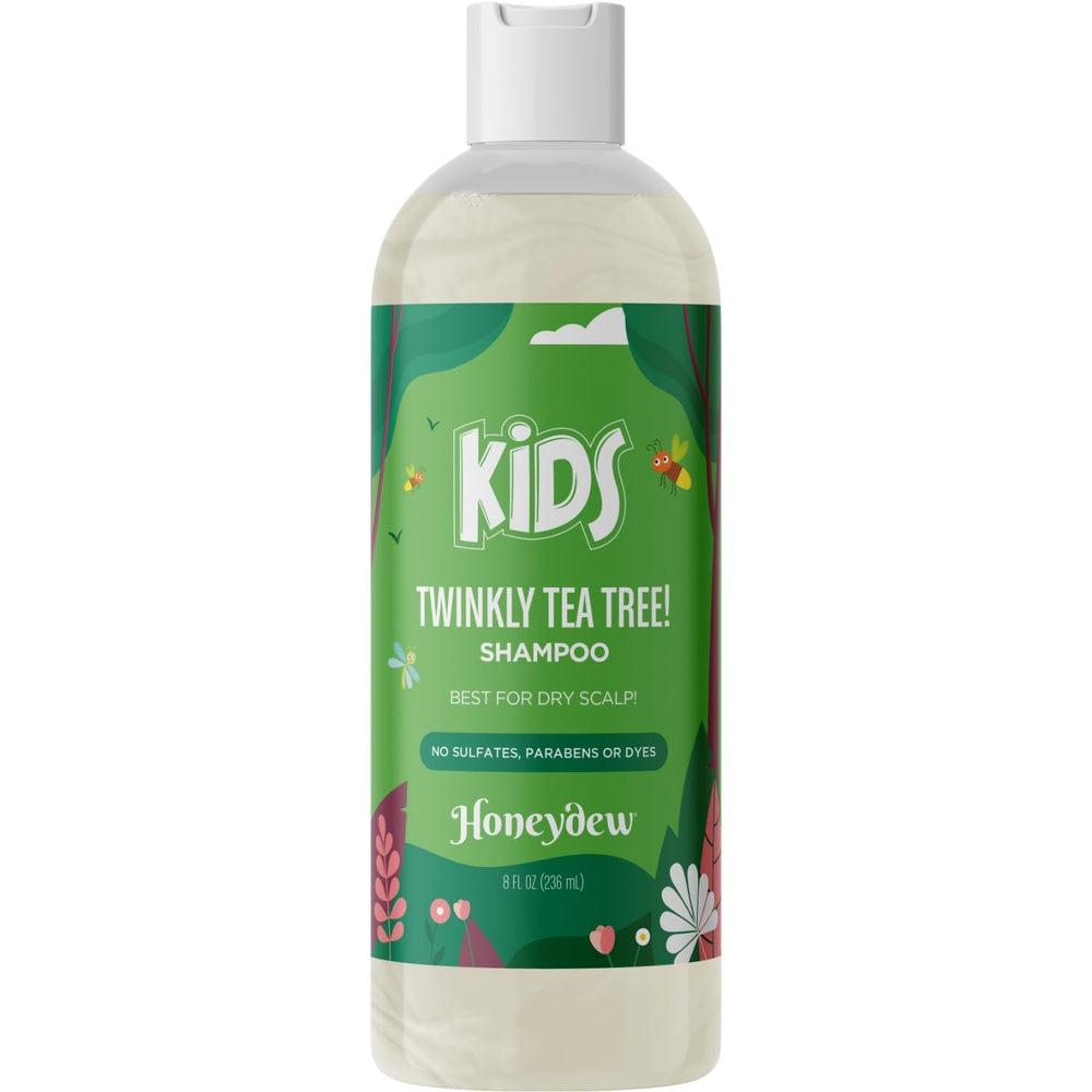 HONEYDEW cleansing kids shampoo ingredients map highlights plant-based formula with tea tree and rosemary.