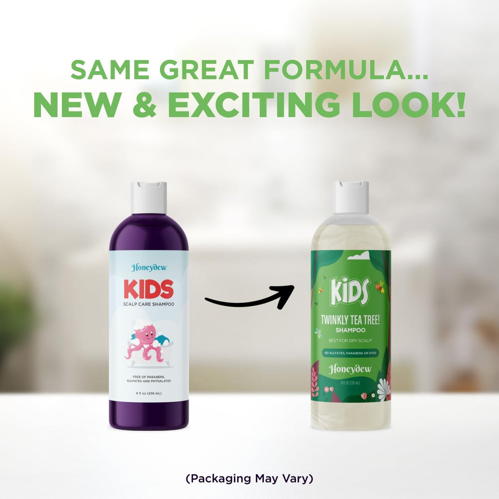 HONEYDEW cleansing kids shampoo with tea tree oil image emphasizes refreshing, scalp-cleansing action.