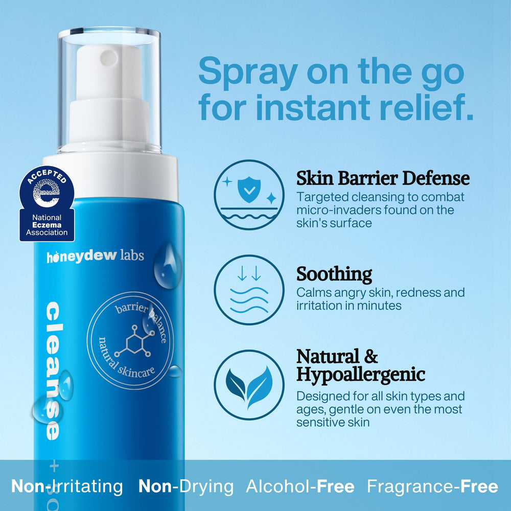Honeydew Labs HOCl spray mist on face for gentle refresh.