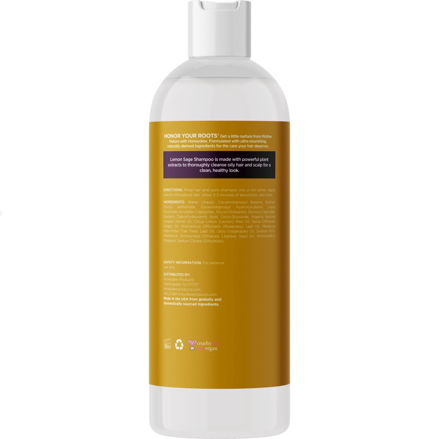 Honeydew Lemon Sage Shampoo rosemary oil glass bottle with herbal scent.