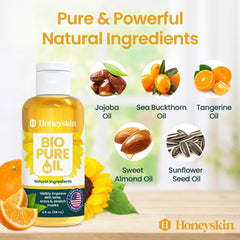 Honeyskin Bio Pure Skincare Oil ingredients closeup highlighting botanicals.