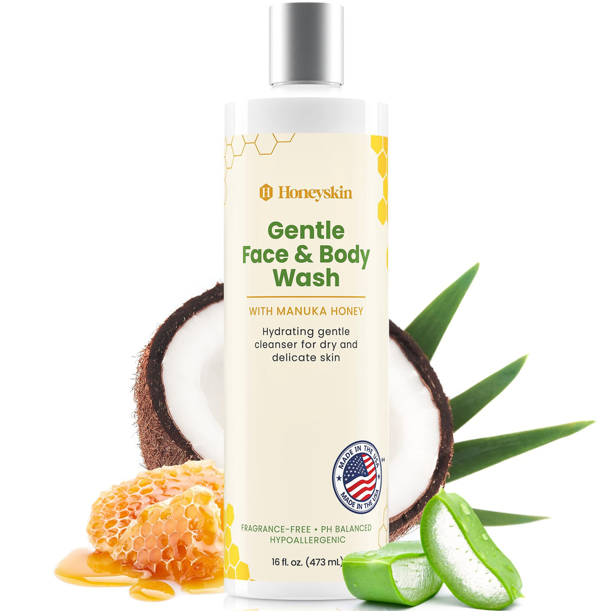 Honeyskin face and body wash bottle pour for easy daily cleansing with gentle hydration.