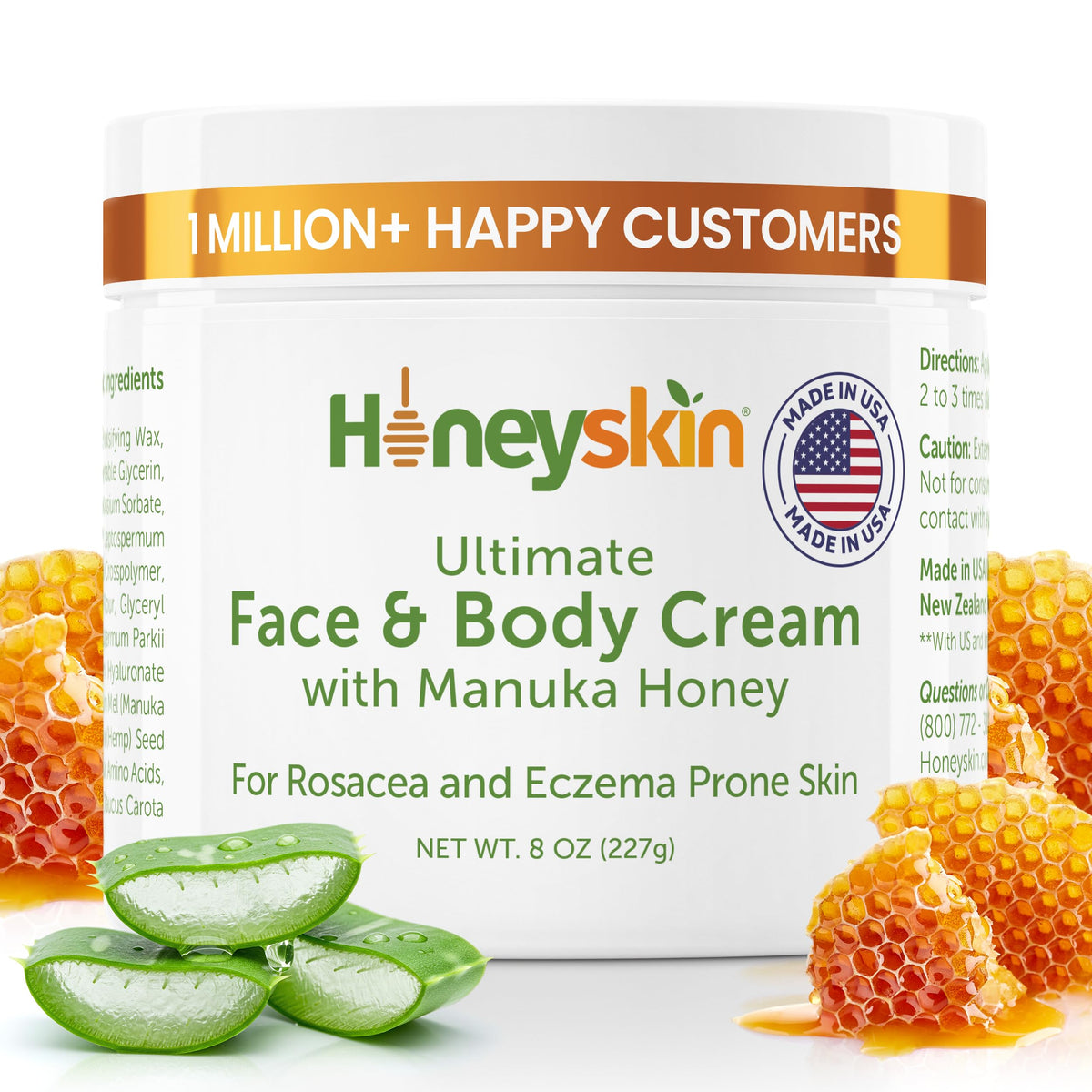 Honeyskin Manuka Honey face cream bottle close-up highlighting deep hydration for extremely dry skin.