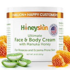Honeyskin Manuka Honey face cream bottle close-up highlighting deep hydration for extremely dry skin.