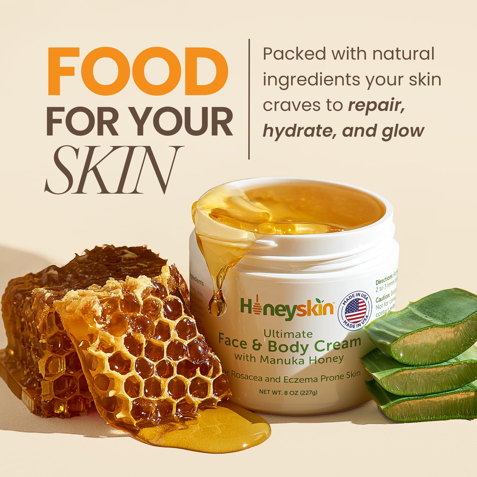Honeyskin organic ingredients with aloe and shea signaling nourishing skin care benefits.