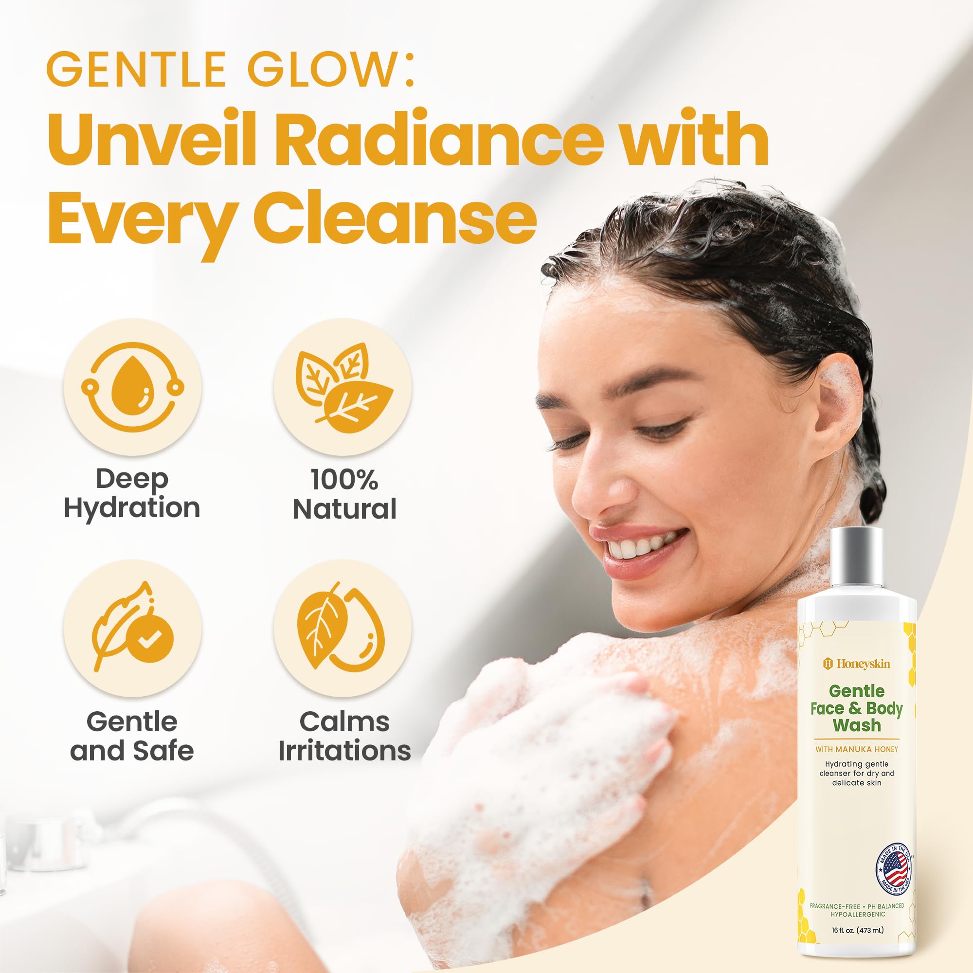 Honeyskin pH-balanced formula depicted as gentle foam for balanced skin care.