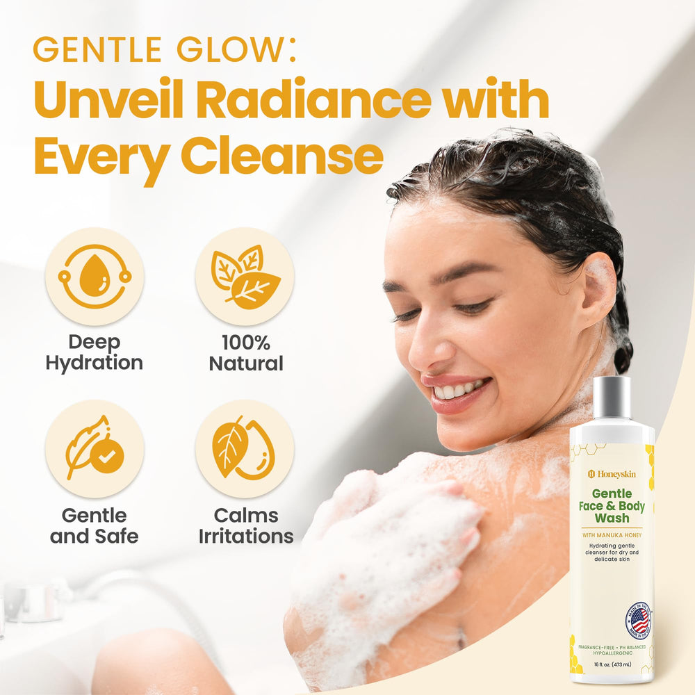 Honeyskin pH-balanced formula depicted as gentle foam for balanced skin care.