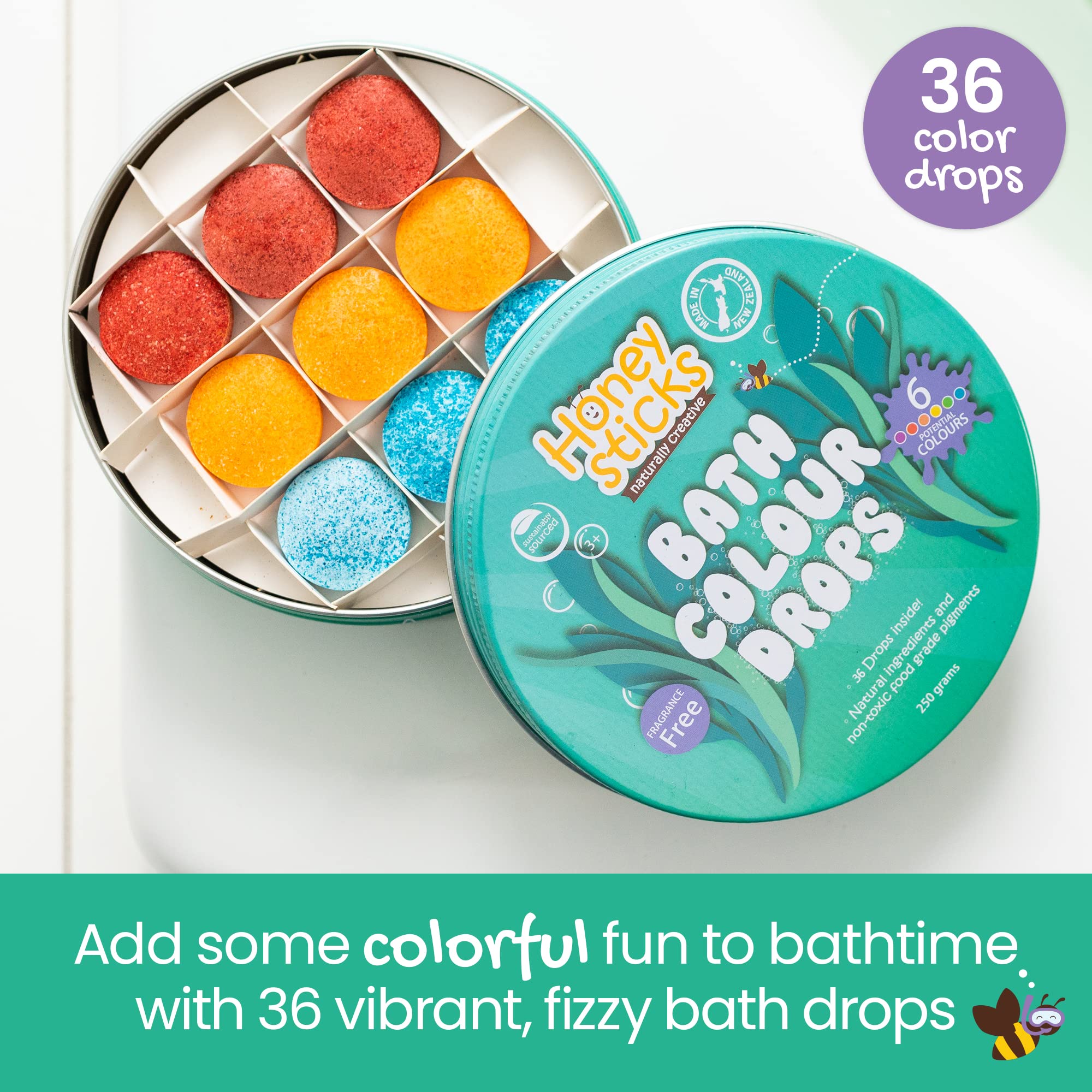 Honeysticks Bath Color Drops colors red yellow blue close-up for mix-and-match fun.