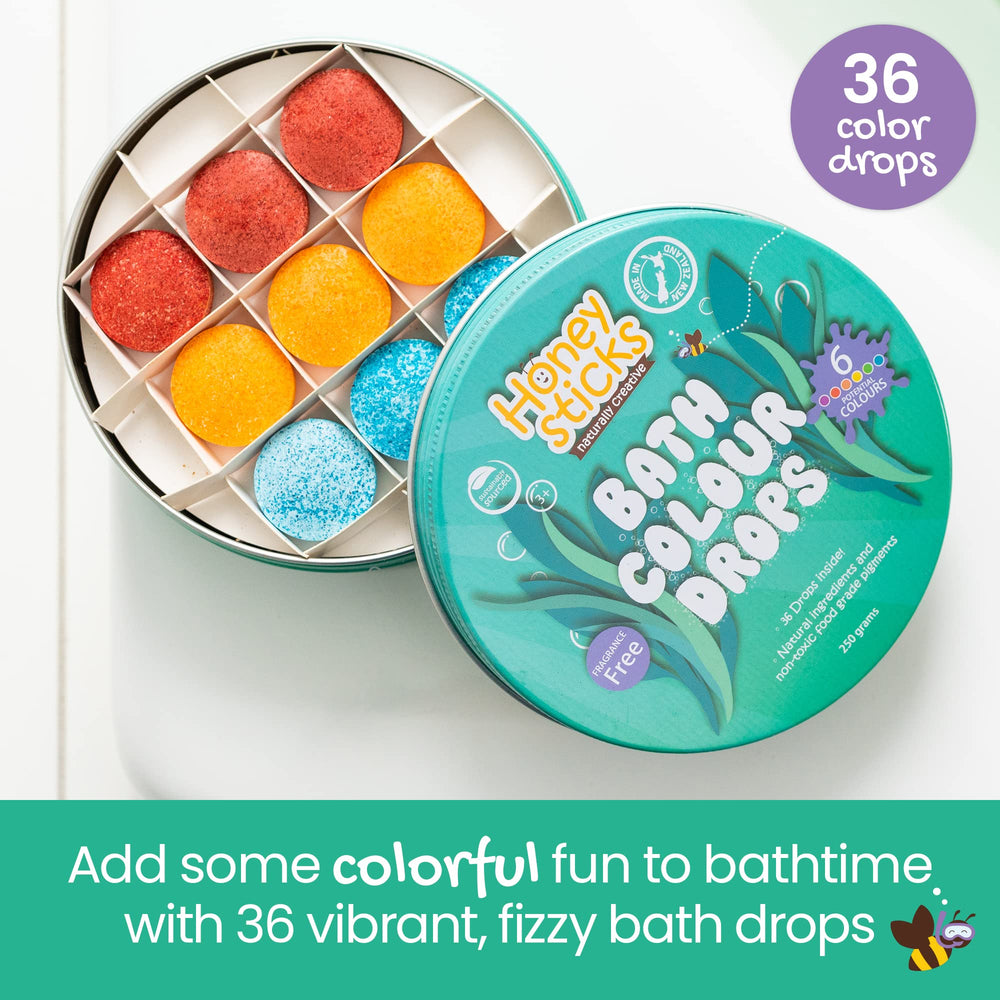 Honeysticks Bath Color Drops colors red yellow blue close-up for mix-and-match fun.