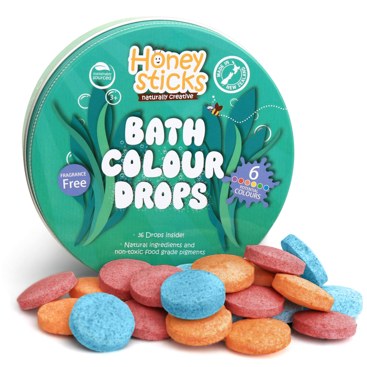 Honeysticks Bath Color Drops packaging front shows colorful tin for playful bath time.