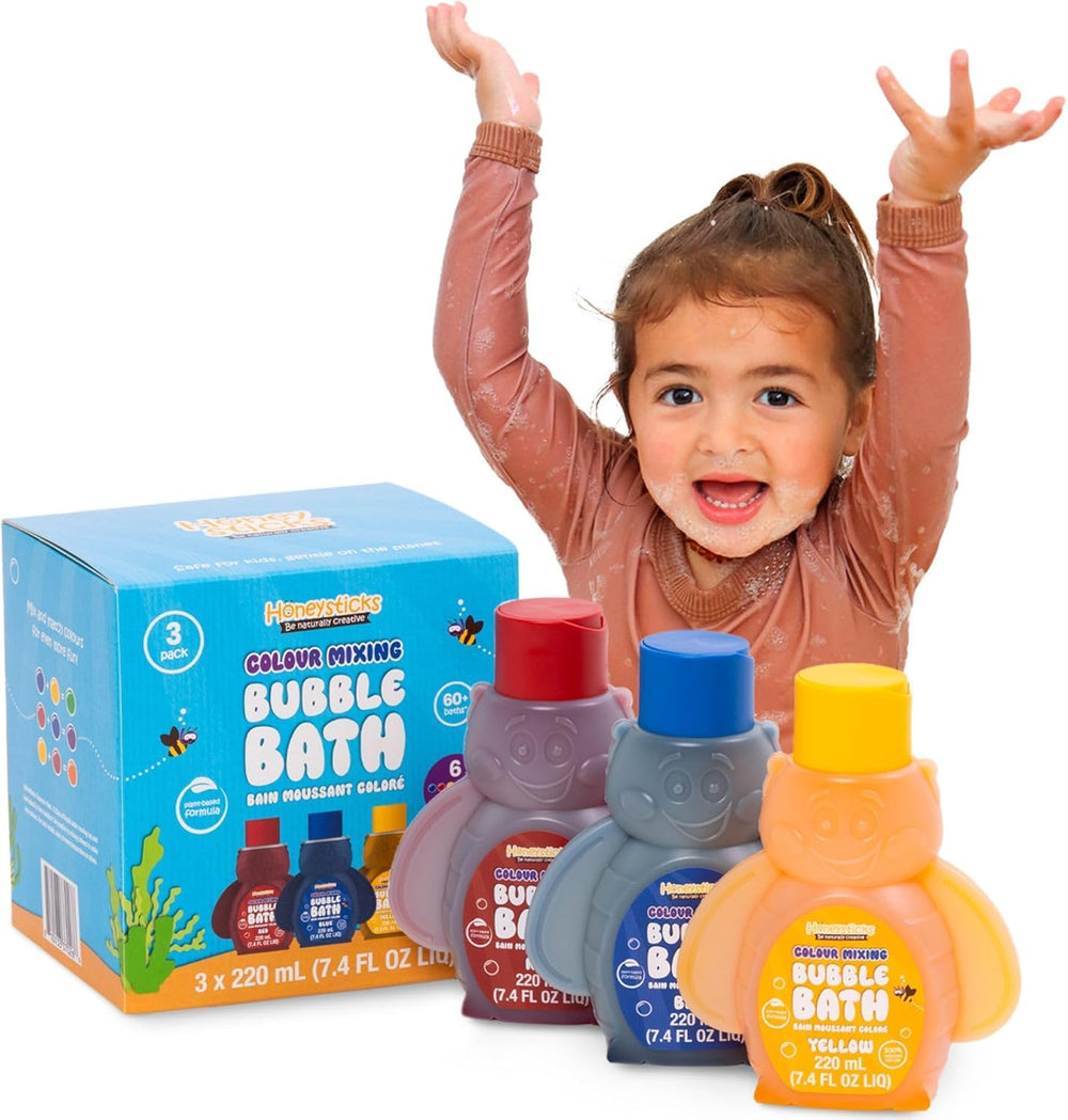 Honeysticks Kids Bubble Bath blue bottle adds colorful fun to bath time