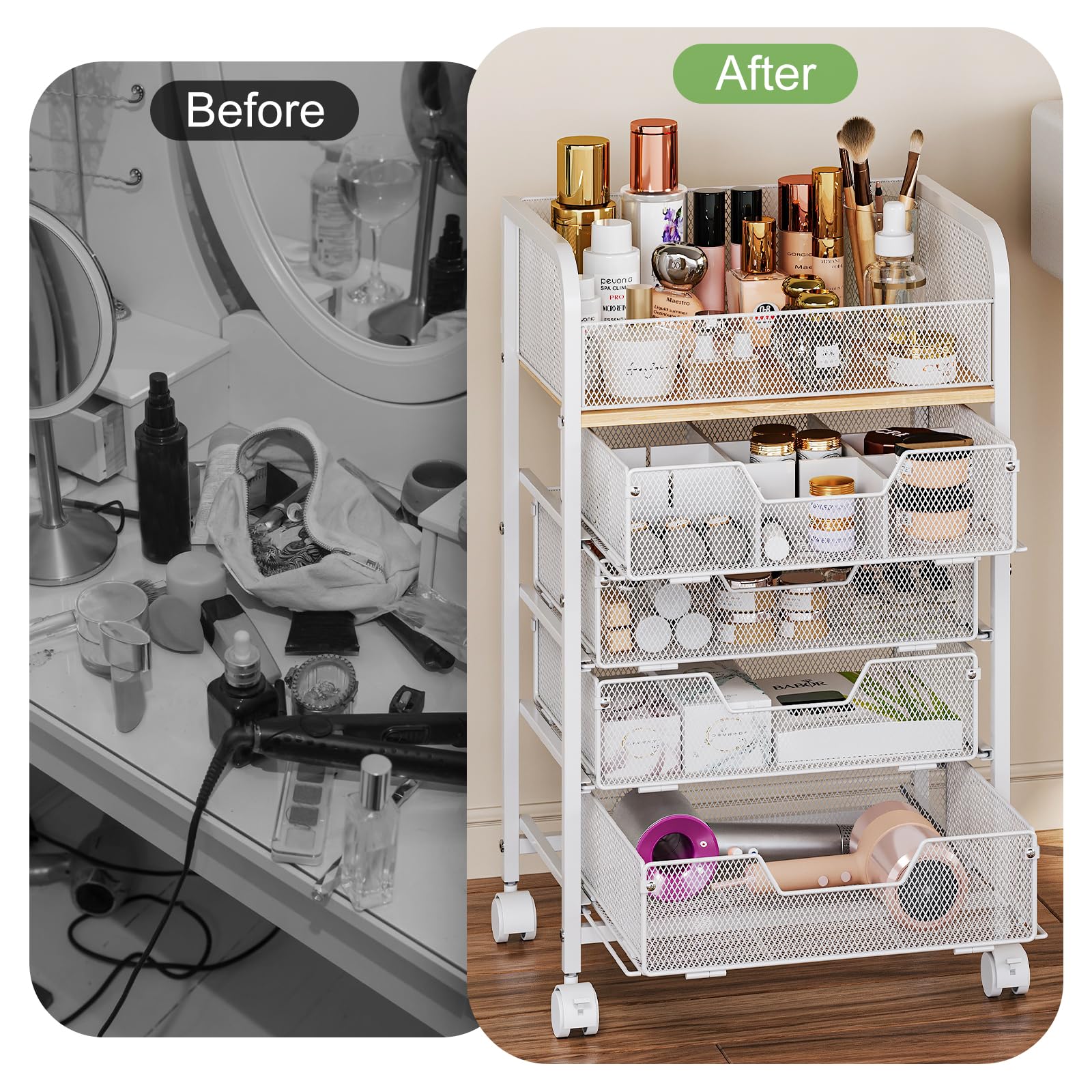 Hongtamoya Makeup Cart drawers with adjustable dividers tailor space for lipsticks and polishes.