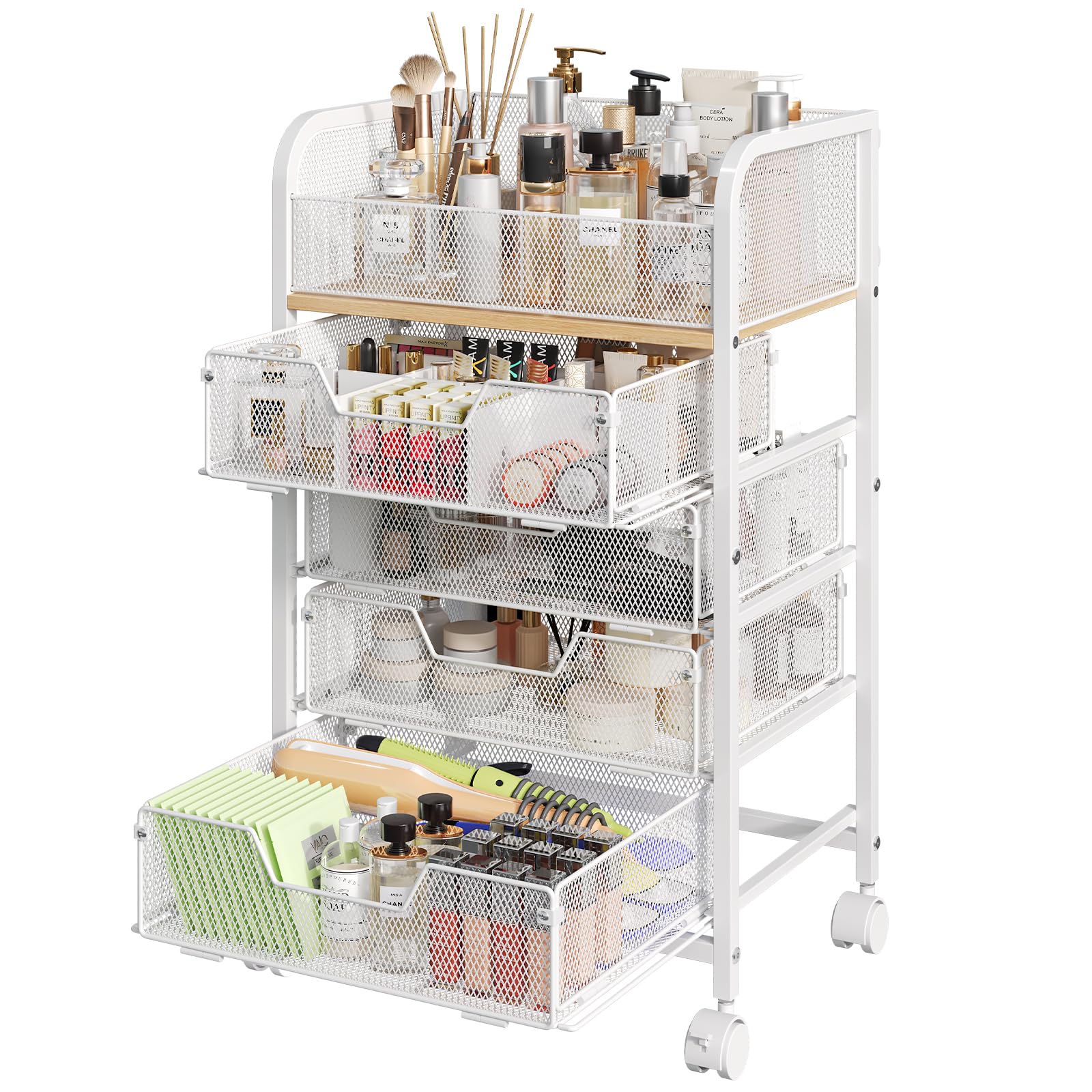 Hongtamoya Makeup Cart four drawers keeps cosmetics neatly organized and accessible.