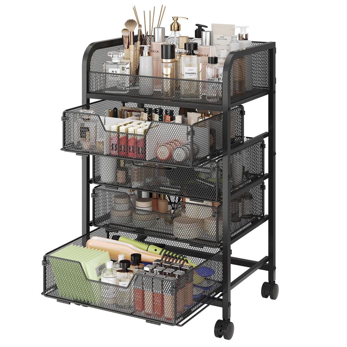 Hongtamoya makeup cart top display shows brushes and skincare for a tidy vanity routine