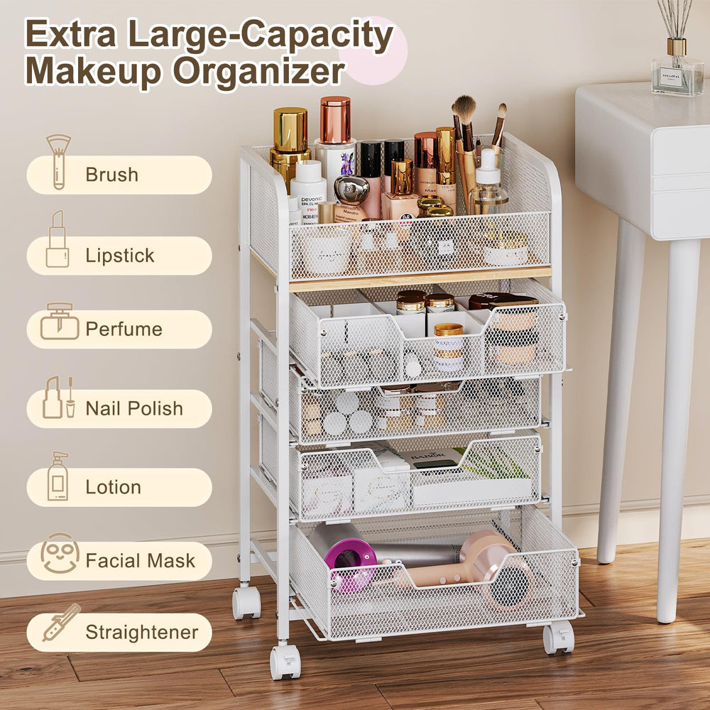 Hongtamoya Makeup Cart white finish complements bathroom or vanity decor while staying functional.