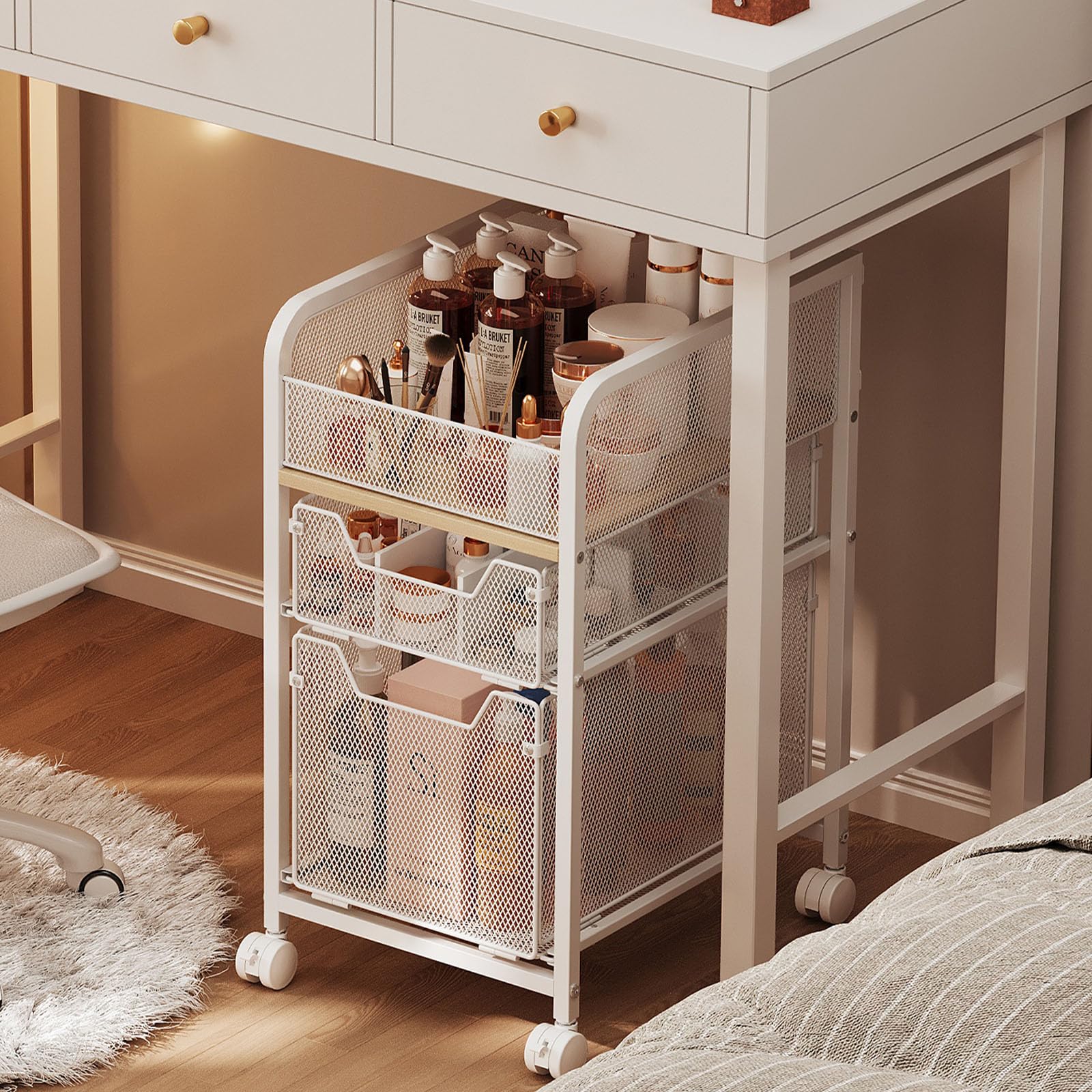 Hongtamoya rolling makeup cart with drawers keeps cosmetics organized for everyday routines