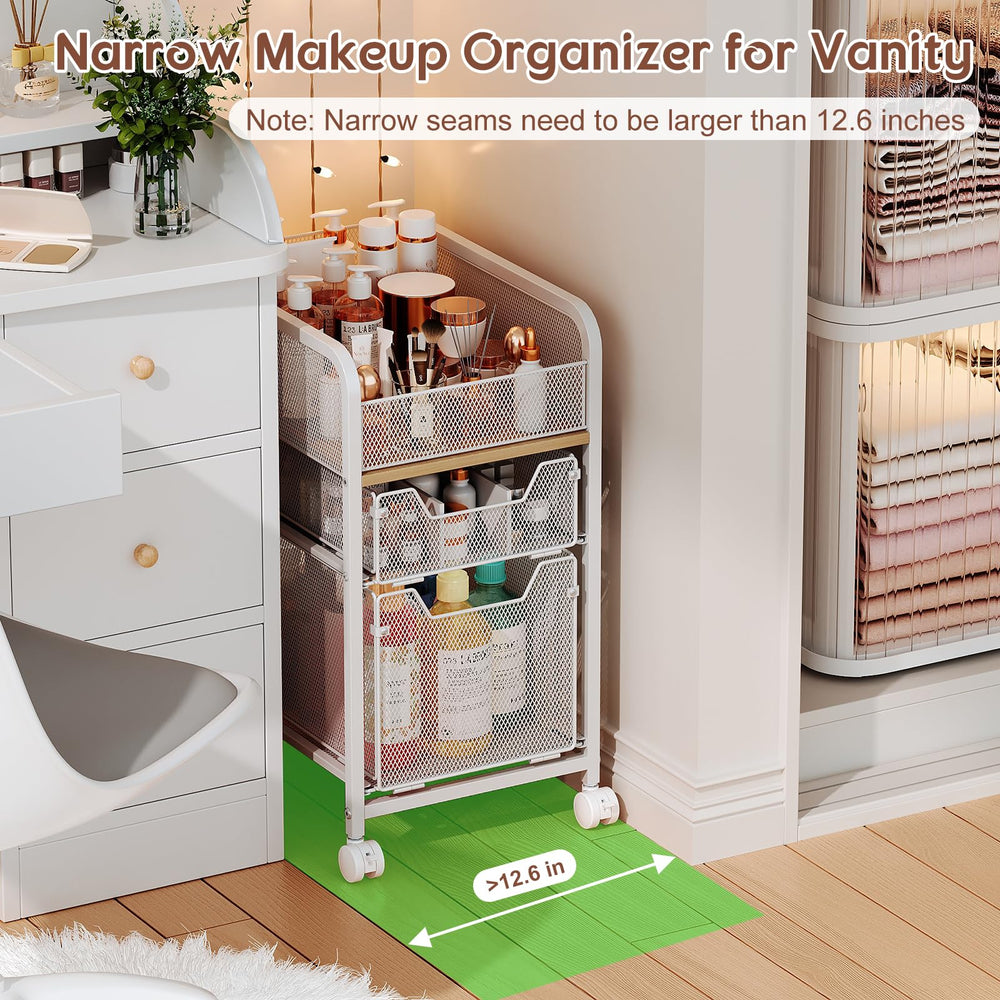 Hongtamoya rolling makeup cart under dresser demonstrates space-saving storage options