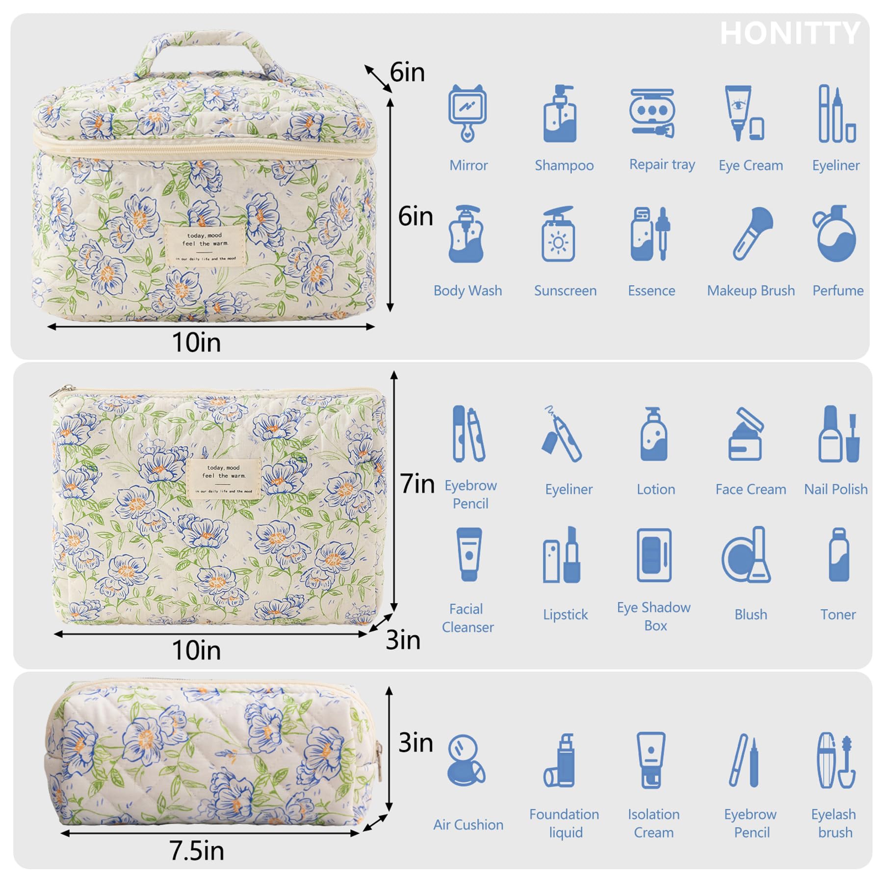 Honitty cosmetic bag travel set provides compact storage for skincare and brushes.