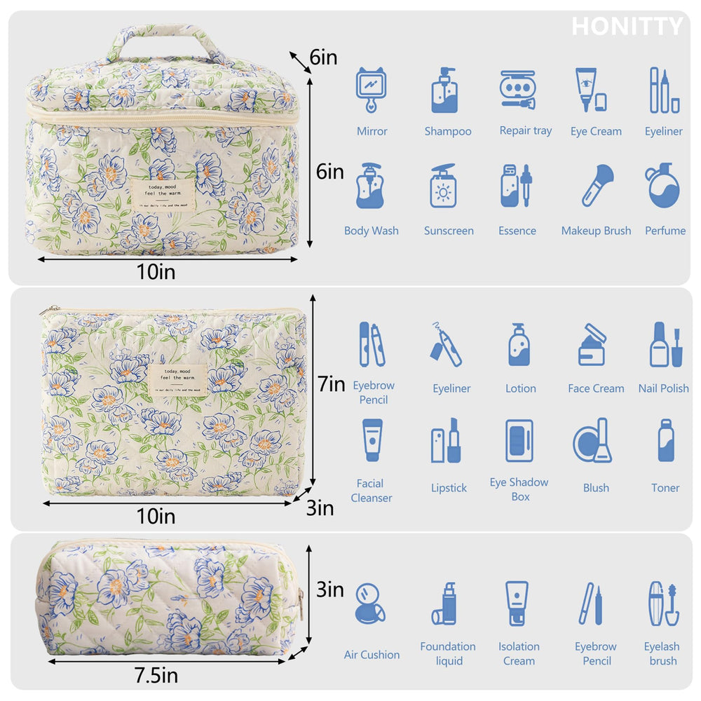 Honitty cosmetic bag travel set provides compact storage for skincare and brushes.