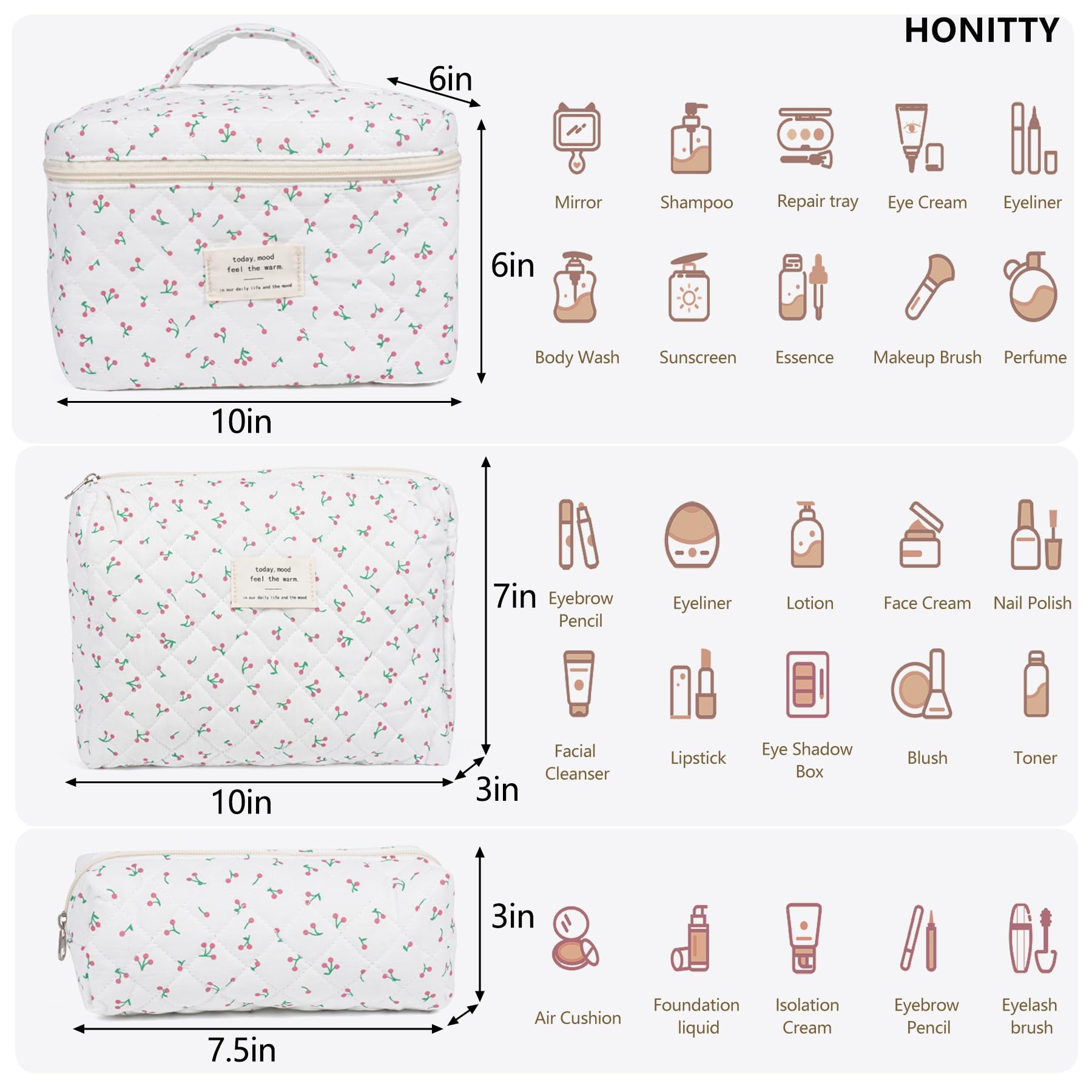 Honitty cotton makeup bag travel 3-piece set for sorting cosmetics and toiletries.