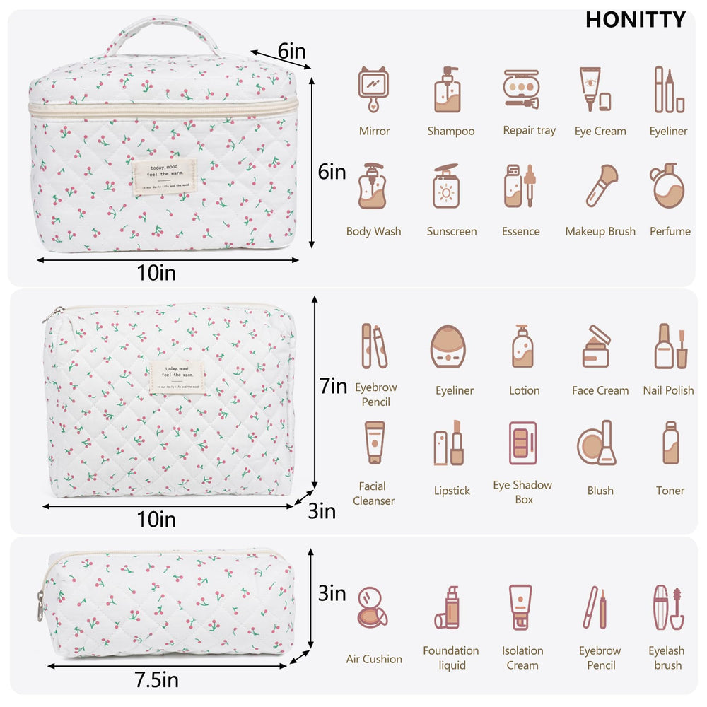 Honitty cotton makeup bag travel 3-piece set for sorting cosmetics and toiletries.