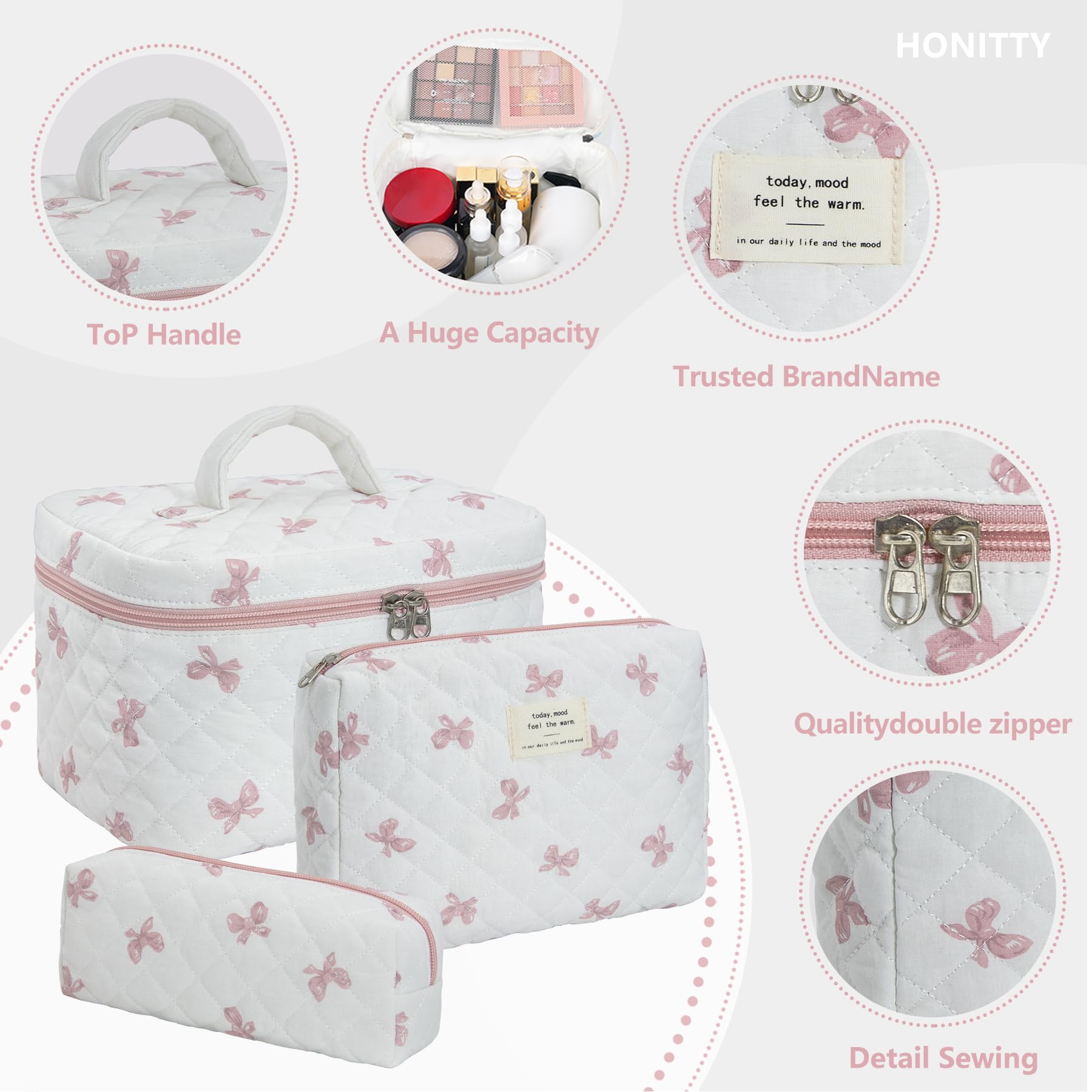 Honitty cotton quilted makeup bag close-up, shows soft fabric and easy-to-clean surface.