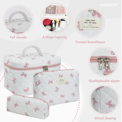 Honitty cotton quilted makeup bag close-up, shows soft fabric and easy-to-clean surface.