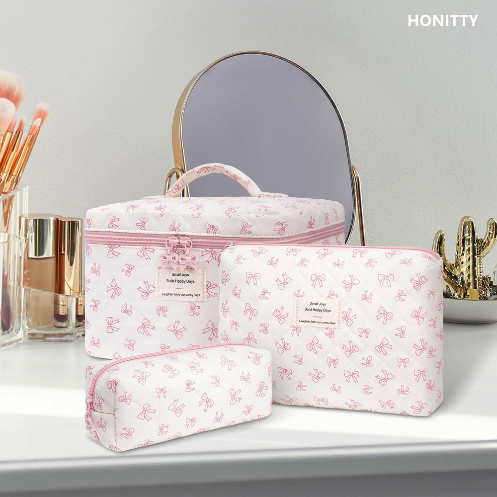 Honitty floral makeup bag on dresser or suitcase keeps essentials organized.