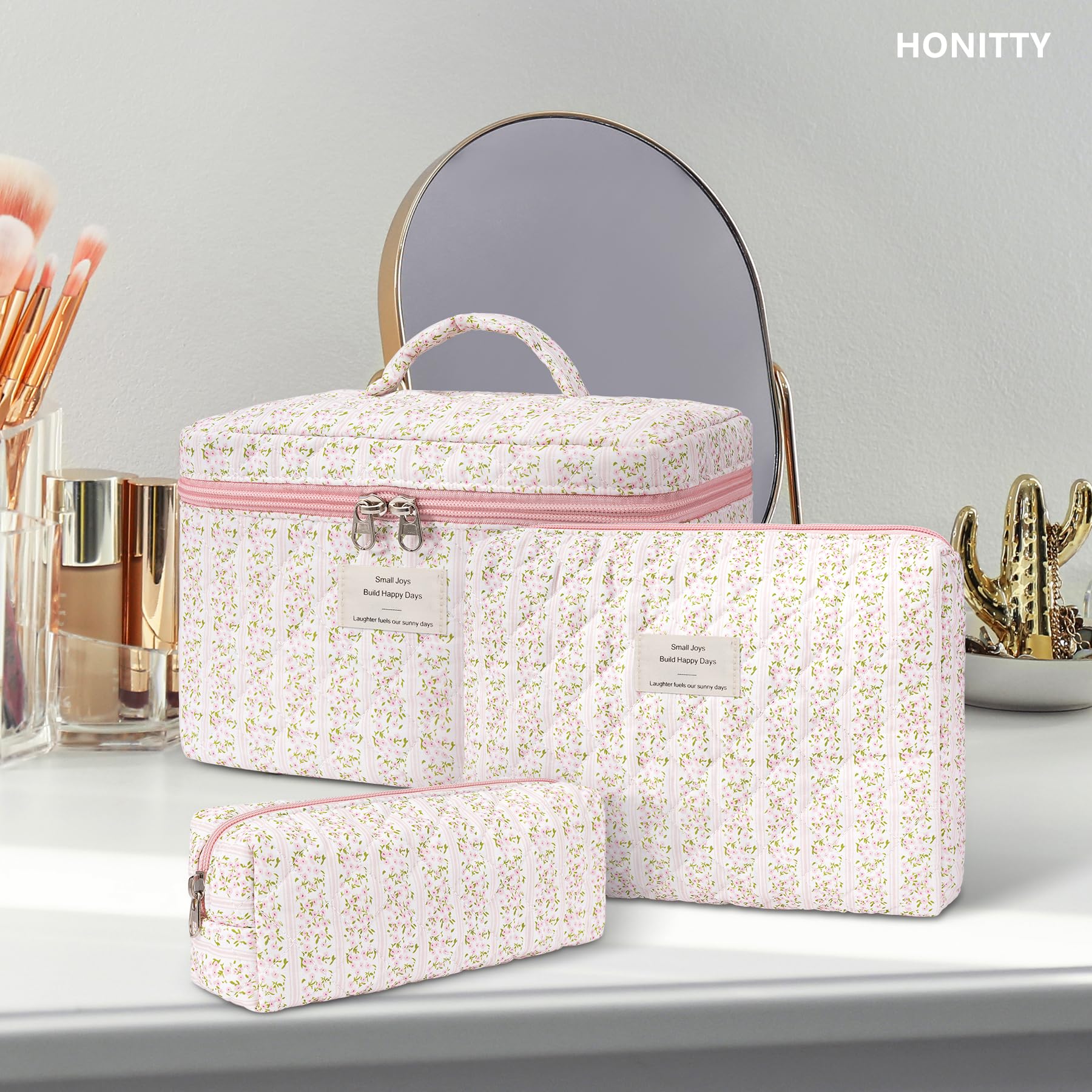 Honitty floral makeup bag made with durable material for long-term use.