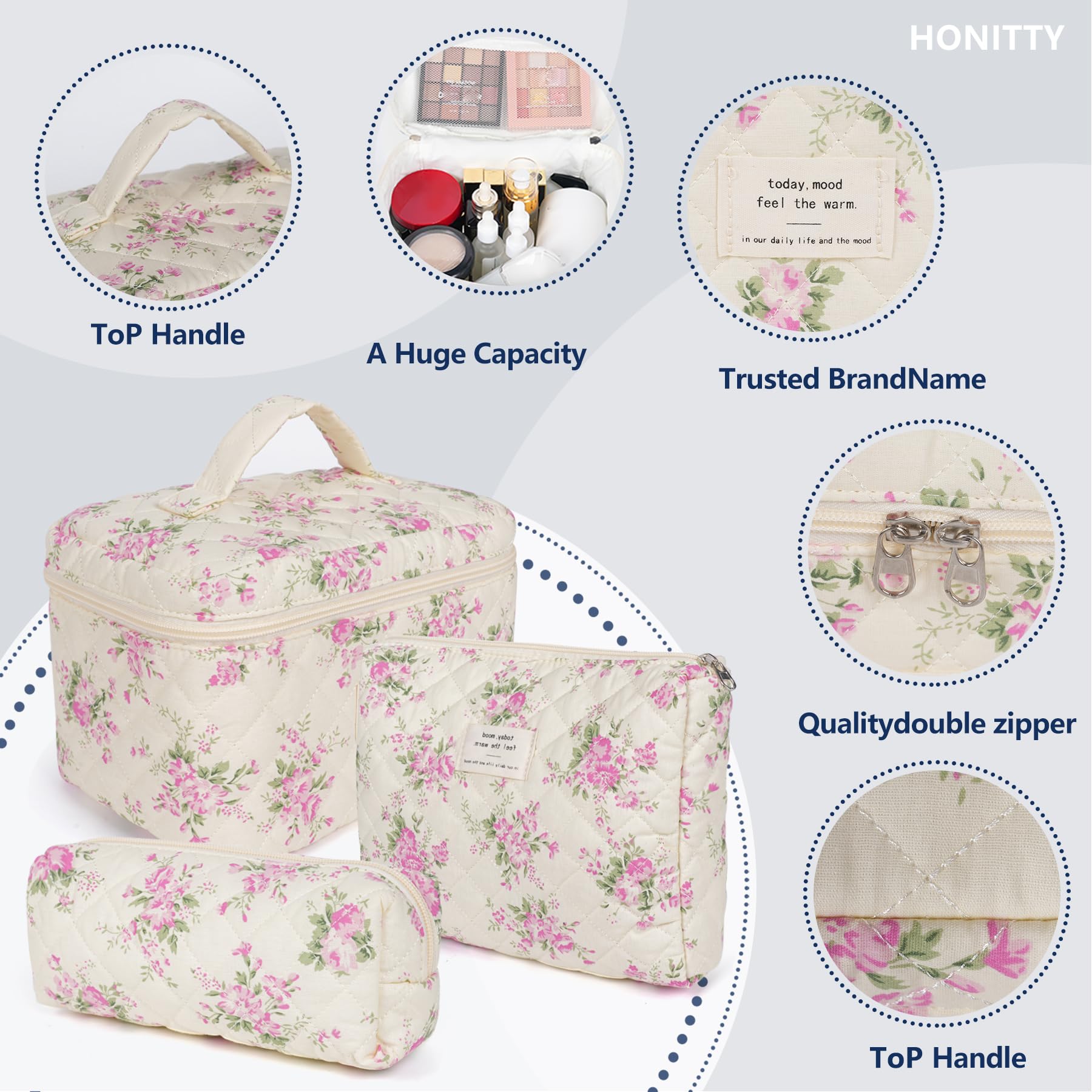 Honitty floral makeup bag travel zip highlights secure, smooth zipper and sturdy construction