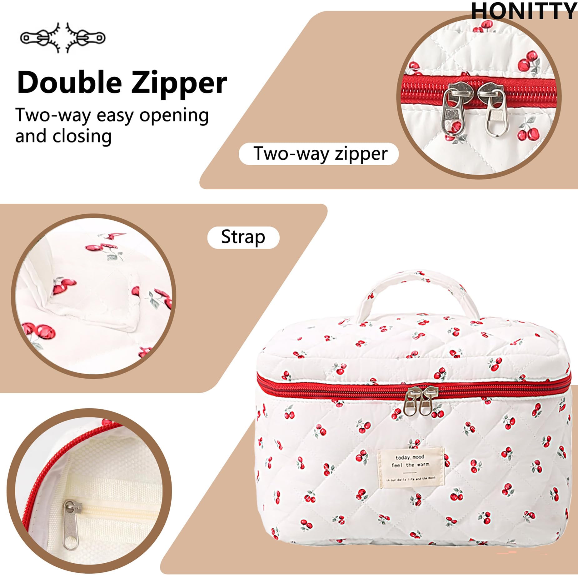 Honitty floral makeup bag zipper detail, durable and smooth for daily use.